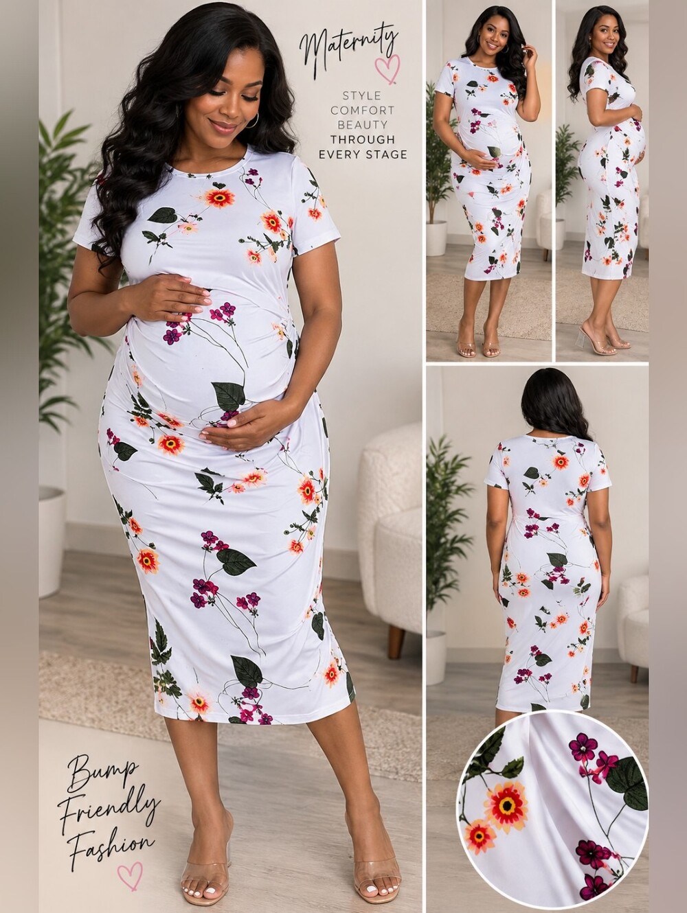 My Bump - Dress Women’s White Floral Short-Sleeve Midi Dress